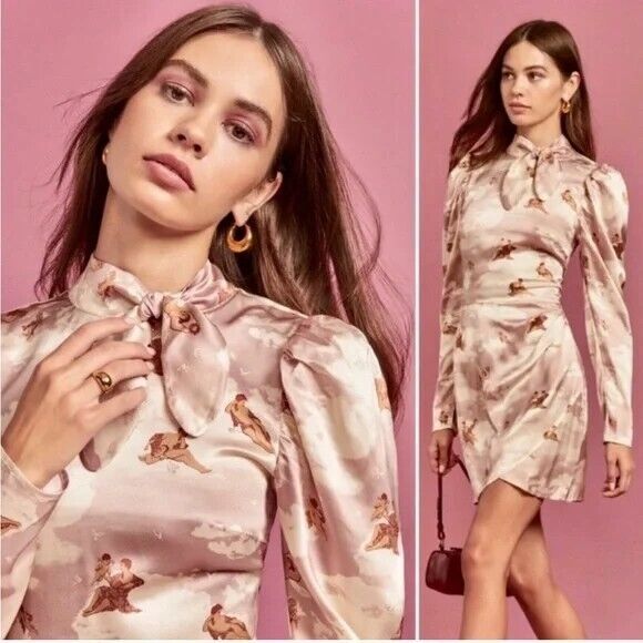 NWT. REFORMATION Livie Tie-Detailed Printed Silk-Satin Mini Dress Sz 6 - Picture 1 of 10